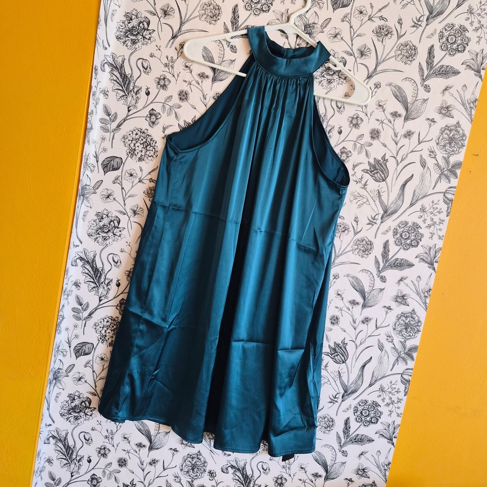 NWT Womens Large Teal Satin Halter Mini Dress Cocktail Festive Party Holiday